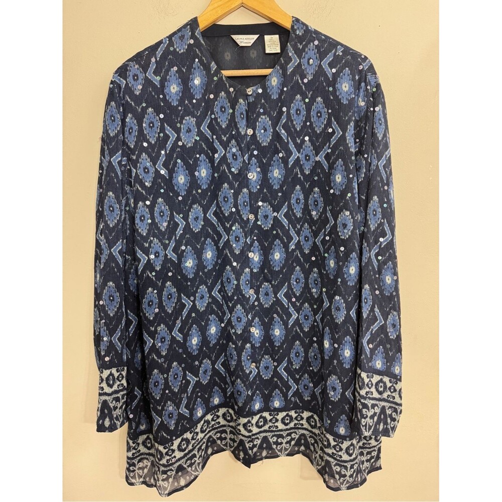 Laura Ashley Navy Blue Sequin Silk Long Sleeve Jacket size 2X Special Event Chic